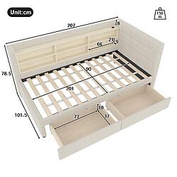 STILVORA Lit de jour 90/200 cm beige en lin avec 2 tiroirs USB Type-C et rangements pas cher