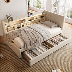 Avis STILVORA Lit de jour 90/200 cm beige en lin avec 2 tiroirs USB Type-C et rangements