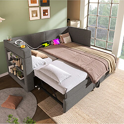 Avis STILVORA Banquette-lit 90/200 cm grise en coton et lin avec lit gigogne et ports USB