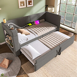 STILVORA Banquette-lit 90/200 cm grise en coton et lin avec lit gigogne et ports USB pas cher