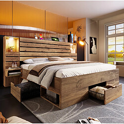 Avis STILVORA Lit double avec rangement 180/200 cm chêne en bois avec LED USB-C et rangements