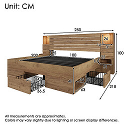 STILVORA Lit double avec rangement 180/200 cm chêne en bois avec LED USB-C et rangements pas cher