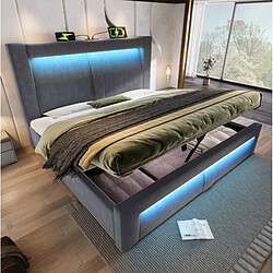 modfu Lit coffre 180x200 cm, avec LED et ports USB et Type-C, en velours, gris, sans matelas - Lit coffre 180x200 cm - Avec tête de lit avec LED, USB et Type C - Avec sommier à lattes - En velours - Gris - Sans matelas