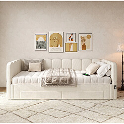 Avis STILVORA Lit de jour 90/200 cm beige en lin extensible avec USB et 2 tiroirs