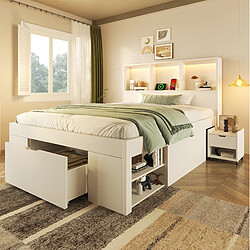 Acheter STILVORA Lit simple avec matelas 90/200 cm blanc en bois avec LED et table de chevet mobile