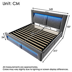 Avis modfu Lit coffre 140x200 cm avec LED et ports USB et Type-C, en velours, gris, sans matelas
