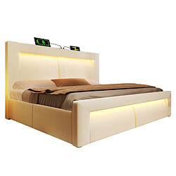 Acheter modfu Lit coffre 160x200 cm, avec LED et ports USB et Type-C, en velours, beige, matelas inclus