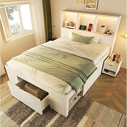 STILVORA Lit simple avec matelas 90/200 cm blanc en bois avec LED et table de chevet mobile pas cher