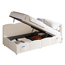 modfu Lit coffre 90x200 cm, avec ports USB et Type-C et poche, en velours, beige, sans matelas pas cher
