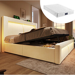 modfu Lit coffre 160x200 cm, avec LED et ports USB et Type-C, en velours, beige, matelas inclus - Lit coffre 160x200 cm - Avec tête de lit avec LED, USB et Type C - En velours - Beige - Matelas inclus