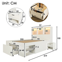 STILVORA Lit simple 90/200 cm blanc en bois avec LED et table de chevet mobile pas cher