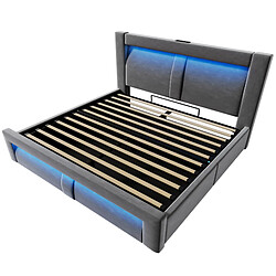 modfu Lit coffre 140x200 cm avec LED et ports USB et Type-C, en velours, gris, sans matelas pas cher