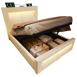 Acheter modfu Lit coffre 90x200 cm, avec LED et ports USB et Type-C, en velours, beige, matelas inclus
