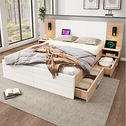 Avis STILVORA Lit double 140/200 cm blanc et chêne clair en bois massif et MDF avec USB