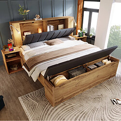 STILVORA Lit double 160/200 cm chêne en bois avec USB chevets et banc-coffre pas cher