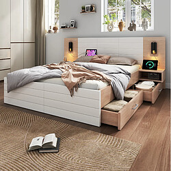 Acheter STILVORA Lit double 140/200 cm blanc et chêne clair en bois massif et MDF avec USB
