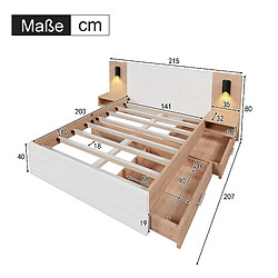 STILVORA Lit double 140/200 cm blanc et chêne clair en bois massif et MDF avec USB pas cher