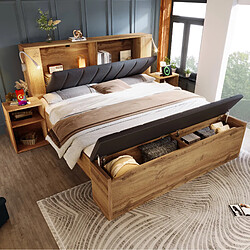 STILVORA Lit double 180/200 cm chêne en bois avec lampes USB et rangements pas cher