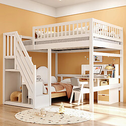Avis MIVRAY Lit mezzanine 140x200 cm, escalier de rangement, bois blanc