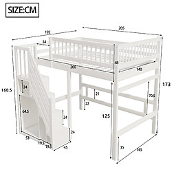 MIVRAY Lit mezzanine 140x200 cm, escalier de rangement, bois blanc pas cher