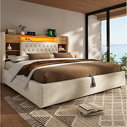 Avis STILVORA Lit rembourré 180/200 cm beige en lin avec LED ports USB-C et rangement