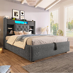 Acheter STILVORA Lit capitonné 90/200 cm gris en lin avec LED et ports USB