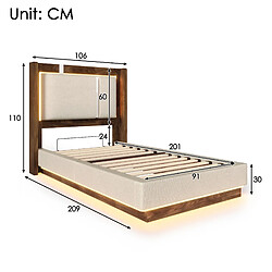STILVORA Lit capitonné 90/200 cm beige en lin et bois avec LED et coffre hydraulique pas cher