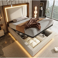 Acheter STILVORA Lit capitonné 90/200 cm beige en lin et bois avec LED et coffre hydraulique