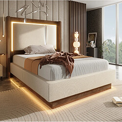 Avis STILVORA Lit capitonné 90/200 cm beige en lin et bois avec LED et coffre hydraulique