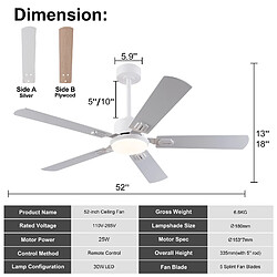 DZMDIP Ventilateur de plafond LED 132 cm télécommande moteur DC silencieux 6 vitesses réversible pas cher