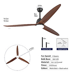 DZMDIP Ventilateur de plafond LED 183 cm avec 3 températures de couleur et 6 vitesses,noyer foncé pas cher