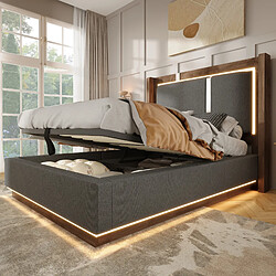 Avis STILVORA Lit 90/200 cm gris et noyer en lin avec LED et coffre hydraulique