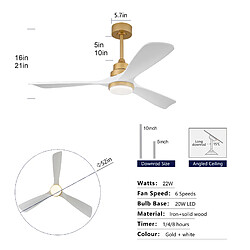 DZMDIP Ventilateur plafond LED 132 cm avec télécommande et moteur DC silencieux, doré et blanc pas cher