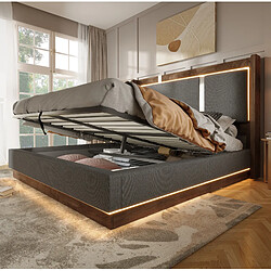Avis STILVORA Lit 140/200 cm gris et noyer en lin avec LED et coffre hydraulique