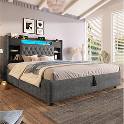 Avis STILVORA Lit rembourré 140/190 cm gris en lin avec LED et ports de charge