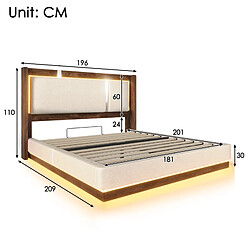 STILVORA Lit double 180/200 cm beige en lin et bois avec LED et coffre hydraulique pas cher