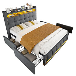 Lit Coffre 160x200 cm - Modenvie - LED et USB - Lin Gris pas cher