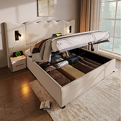Avis STILVORA Lit capitonné 180/200 cm beige en lin avec lampe de lecture et ports USB-C