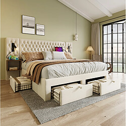 STILVORA Lit double 180/200 cm beige aus velours avec lampes de lecture et rangement pas cher