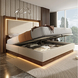 Avis STILVORA Lit double 180/200 cm beige en lin et bois avec LED et coffre hydraulique