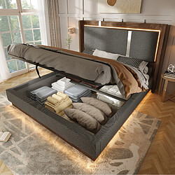 Avis STILVORA Lit double 140/190 cm gris noyer en lin et bois avec LED et coffre hydraulique