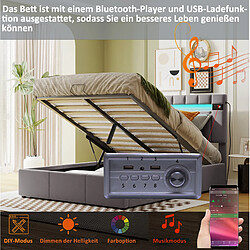 STILVORA Lit rembourré 140/200 cm gris en tissu avec LED, Bluetooth et USB pas cher