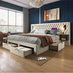 Acheter STILVORA Lit double 180/200 cm beige aus velours avec lampes de lecture et rangement