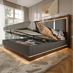 Acheter STILVORA Lit double 140/190 cm gris noyer en lin et bois avec LED et coffre hydraulique