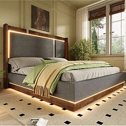 Acheter STILVORA Lit 140/200 cm gris et noyer en lin avec LED et coffre hydraulique