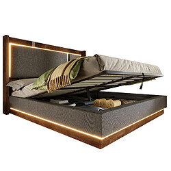 STILVORA Lit double 140/190 cm gris noyer en lin et bois avec LED et coffre hydraulique 