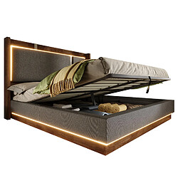 STILVORA Lit 140/200 cm gris et noyer en lin avec LED et coffre hydraulique 