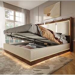 Acheter STILVORA Lit double 180/200 cm beige en lin et bois avec LED et coffre hydraulique
