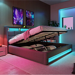 Avis STILVORA Polsterbett 140/200 cm gris en lin avec LED, USB et coffre relevable