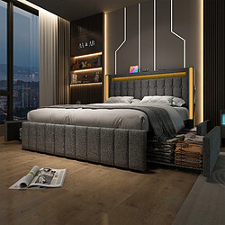 Avis MIVRAY Lit adulte 140x200 cm rembourré Lit double 4 tiroirs et charge USB C, lin, gris